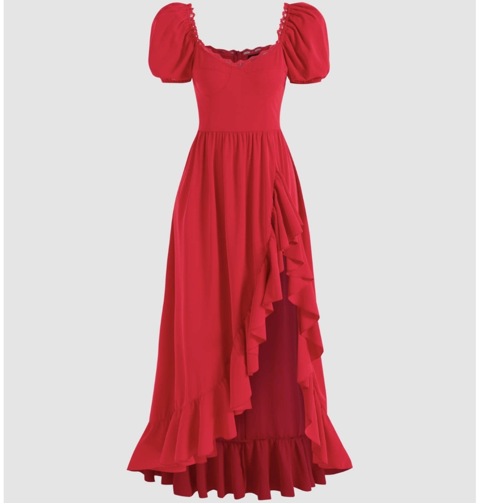Sexy red asymmetrical maxi ruffle dress